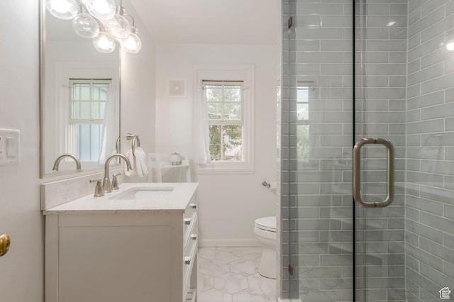 1280 E 3rd Ave N, Salt Lake City, UT 84103 - full bathroom with a shower stall, baseboards, toilet, vanity, and marble finish floor