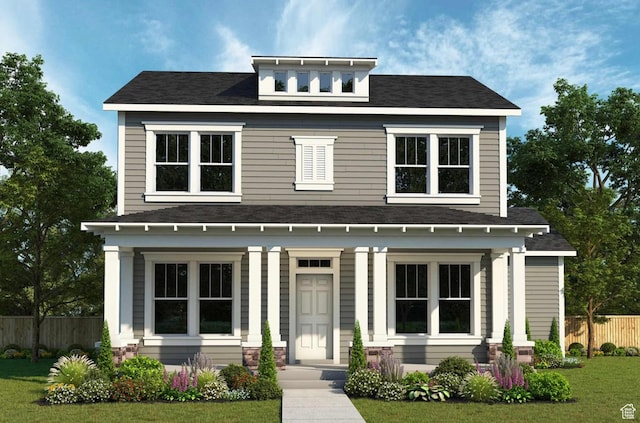 view of front of house featuring fence, roof with shingles, and a front yard