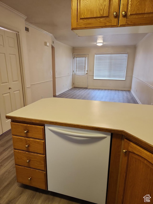 1514 S 200 E, Orem, UT 84058 - kitchen featuring wood finished floors, brown cabinets, ornamental molding, and white dishwasher