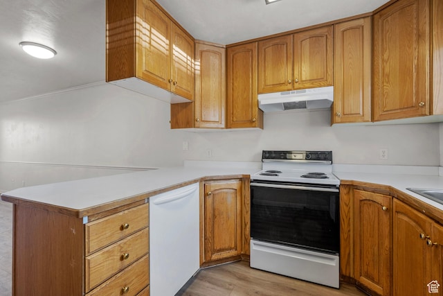 1514 S 200 E, Orem, UT 84058 - kitchen featuring under cabinet range hood, white appliances, light countertops, brown cabinets, and light wood-type flooring