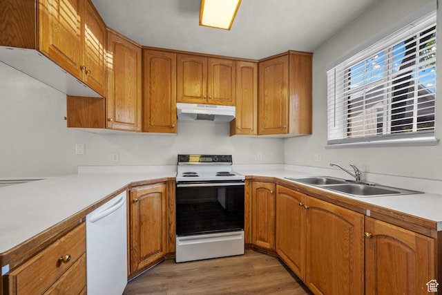 1514 S 200 E, Orem, UT 84058 - kitchen featuring white appliances, under cabinet range hood, light wood-type flooring, and light countertops