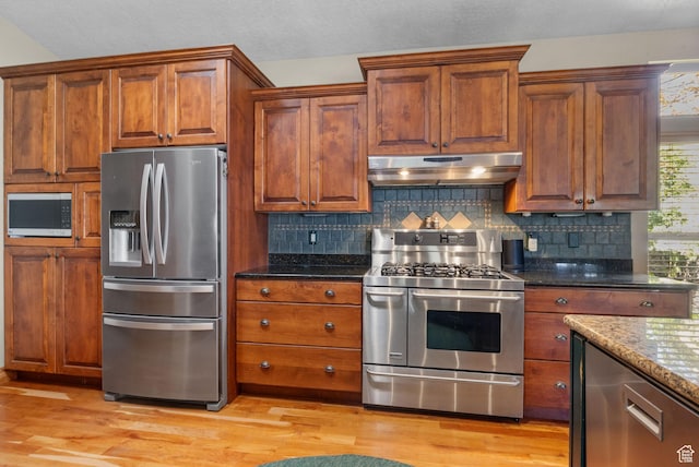 kitchen with under cabinet range hood, light wood-type flooring, dark stone countertops, and appliances with stainless steel finishes