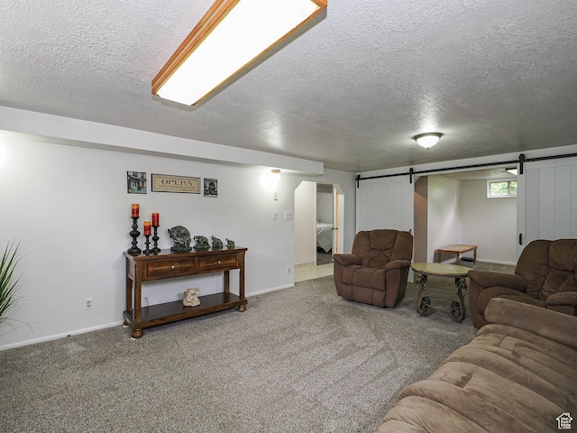 123 Lynnwood Dr, Clearfield, UT 84015 - living area featuring a textured ceiling, baseboards, a barn door, and carpet floors