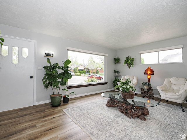 123 Lynnwood Dr, Clearfield, UT 84015 - living room featuring a textured ceiling, wood finished floors, and baseboards