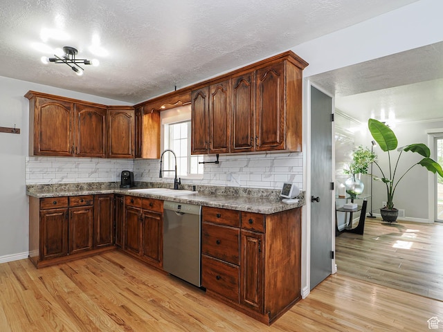 123 Lynnwood Dr, Clearfield, UT 84015 - kitchen with a sink, decorative backsplash, light wood-type flooring, stainless steel dishwasher, and a textured ceiling