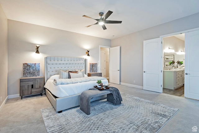 11274 S Eagle View Dr, Sandy, UT 84092 - bedroom featuring baseboards, a ceiling fan, connected bathroom, and light colored carpet
