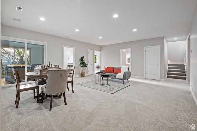 11274 S Eagle View Dr, Sandy, UT 84092 - dining room featuring recessed lighting, stairway, light carpet, baseboards, and visible vents