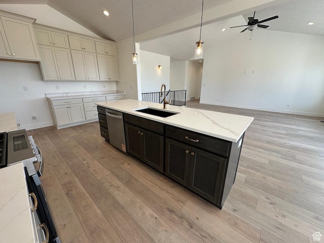 287 E 1150 N Unit 73, Salem, UT 84653 - kitchen featuring vaulted ceiling, stainless steel appliances, light wood-style floors, a ceiling fan, and an island with sink
