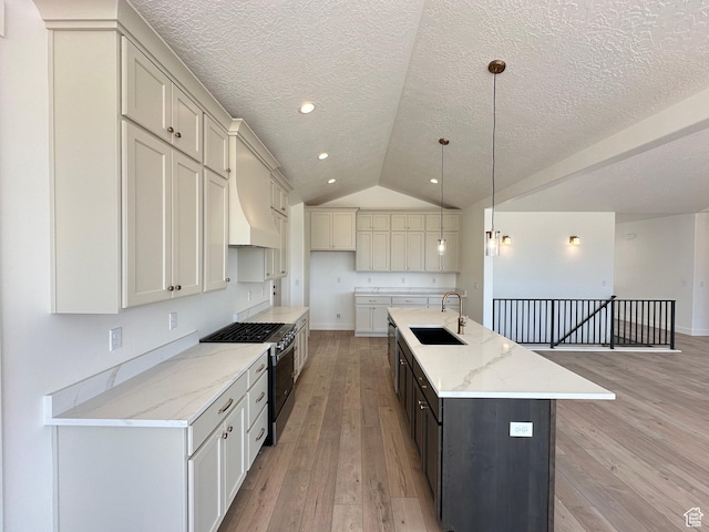 287 E 1150 N Unit 73, Salem, UT 84653 - kitchen with stainless steel gas range oven, light wood-style floors, a center island with sink, vaulted ceiling, and a textured ceiling