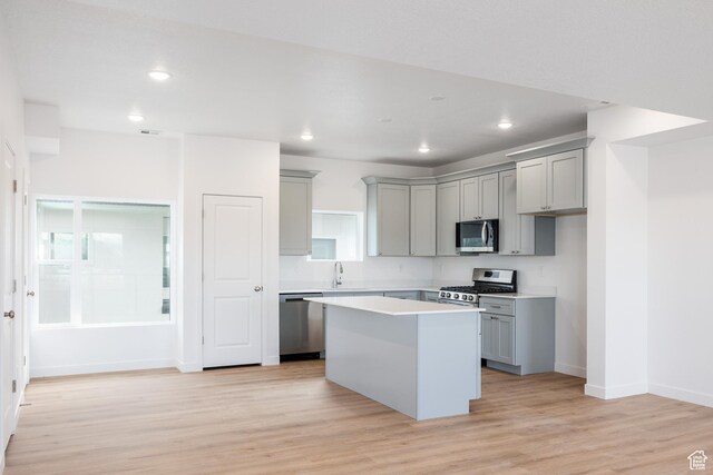 4475 S 500 E Unit 62, Millcreek, UT 84107 - kitchen with stainless steel appliances, gray cabinetry, a center island, light wood-type flooring, and light countertops