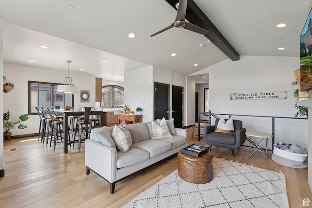 4186 Fairway Ln Unit G6, Park City, UT 84098 - living room with recessed lighting, vaulted ceiling with beams, a ceiling fan, and light wood-style floors