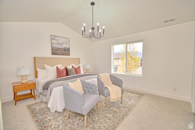 2041 S 750 E, Lehi, UT 84043 - bedroom with a notable chandelier, visible vents, vaulted ceiling, baseboards, and light colored carpet