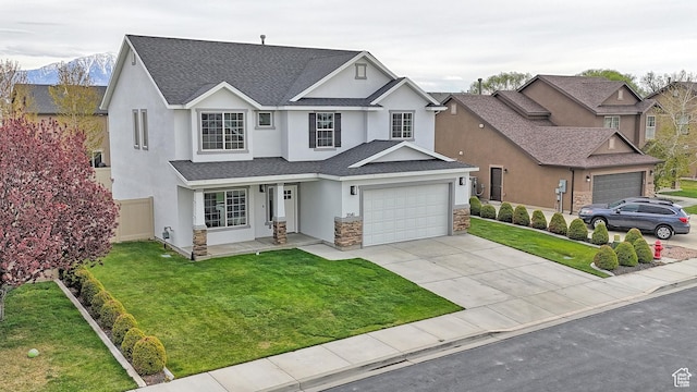 2041 S 750 E, Lehi, UT 84043 - traditional-style house featuring stucco siding, a shingled roof, driveway, stone siding, and an attached garage