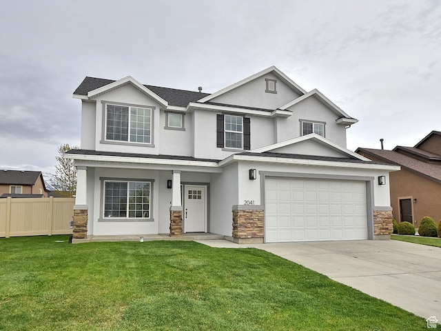 view of front facade with a garage, stone siding, concrete driveway, stucco siding, and fence