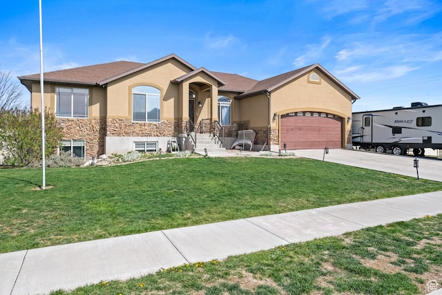 view of front of property with driveway, stone siding, stucco siding, and a garage