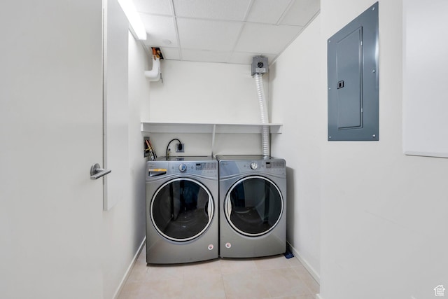 35 E 100 S Unit 1504, Salt Lake City, UT 84111 - laundry room with laundry area, light tile patterned floors, washer and dryer, electric panel, and baseboards