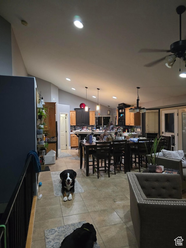 12075 S Draper Ridge Dr, Draper, UT 84020 - dining space with lofted ceiling, light tile patterned flooring, a ceiling fan, and recessed lighting