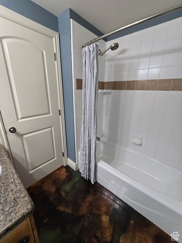12075 S Draper Ridge Dr, Draper, UT 84020 - full bath with shower / bath combination with curtain, vanity, and finished concrete floors