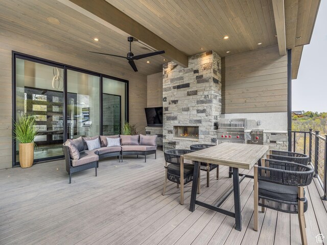 897 S Summit Creek Dr, Woodland Hills, UT 84653 - wooden deck with a ceiling fan, an outdoor living space with a fireplace, and outdoor dining area