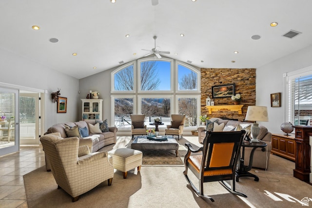 189 E Weber Canyon Rd, Oakley, UT 84055 - living area featuring tile patterned flooring, high vaulted ceiling, a ceiling fan, recessed lighting, and visible vents