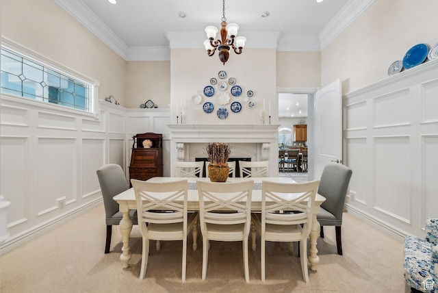 189 E Weber Canyon Rd, Oakley, UT 84055 - dining space with light colored carpet, crown molding, a decorative wall, and a notable chandelier