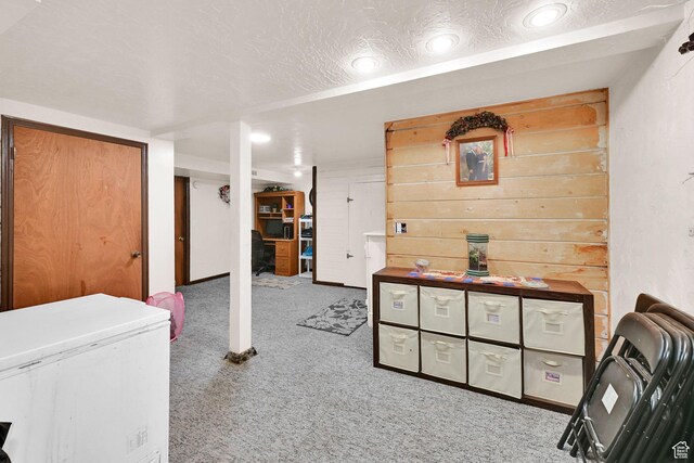 162 Mond St, Ogden, UT 84404 - interior space featuring recessed lighting, white refrigerator, carpet, and a textured ceiling