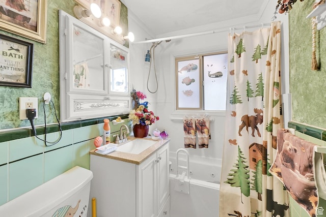162 Mond St, Ogden, UT 84404 - bathroom with wallpapered walls, wainscoting, toilet, vanity, and shower / tub combo with curtain
