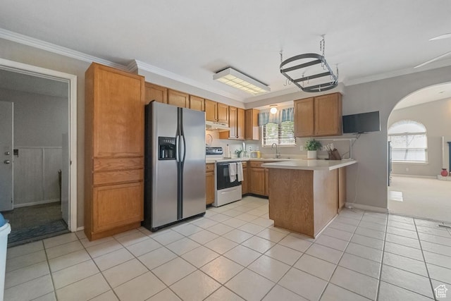 2009 W 7455 S, West Jordan, UT 84084 - kitchen featuring arched walkways, white range with electric cooktop, under cabinet range hood, stainless steel fridge with ice dispenser, and a peninsula