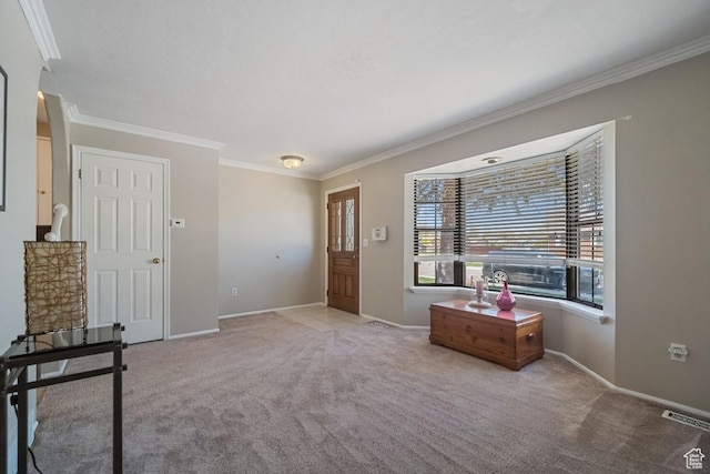 2009 W 7455 S, West Jordan, UT 84084 - carpeted foyer entrance featuring baseboards, visible vents, and ornamental molding