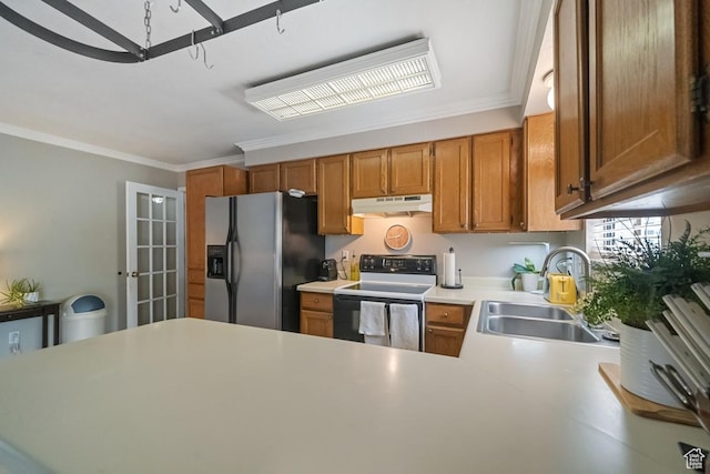 2009 W 7455 S, West Jordan, UT 84084 - kitchen with electric range, under cabinet range hood, stainless steel fridge with ice dispenser, light countertops, and a sink