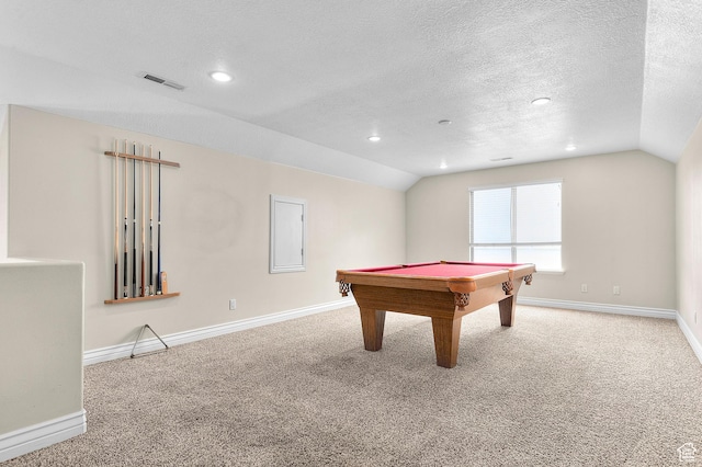 2254 N 1560 W, Pleasant Grove, UT 84062 - recreation room with carpet flooring, visible vents, billiards, baseboards, and lofted ceiling