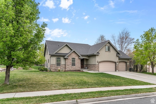 2254 N 1560 W, Pleasant Grove, UT 84062 - craftsman-style house featuring a front yard, a shingled roof, driveway, stone siding, and stucco siding