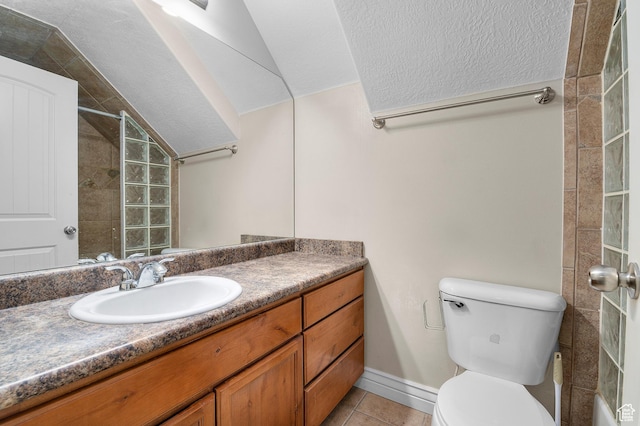 2254 N 1560 W, Pleasant Grove, UT 84062 - full bath with vanity, toilet, a tile shower, tile patterned flooring, and lofted ceiling
