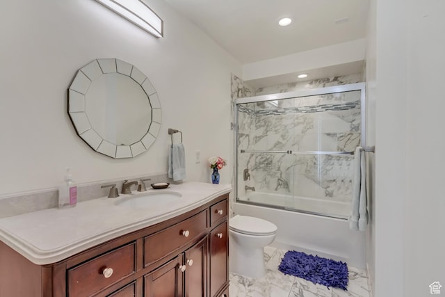 1605 E 6535 S, Murray, UT 84121 - bathroom featuring toilet, vanity, recessed lighting, marble finish floors, and bath / shower combo with glass door