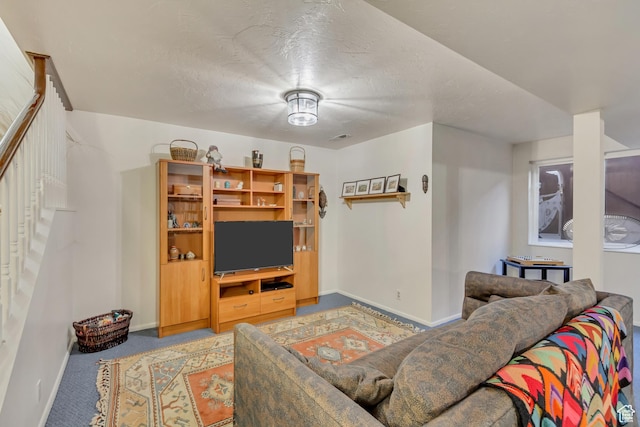 1605 E 6535 S, Murray, UT 84121 - living room with baseboards, stairs, carpet flooring, and a textured ceiling