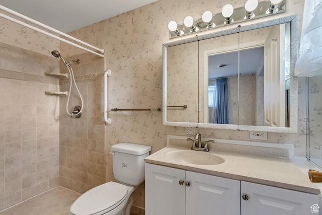 6796 S Nye Dr, Cottonwood Heights, UT 84121 - bathroom with a tile shower, wallpapered walls, and vanity