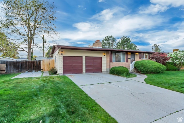 6796 S Nye Dr, Cottonwood Heights, UT 84121 - ranch-style home featuring concrete driveway, a chimney, an attached garage, fence, and a front lawn