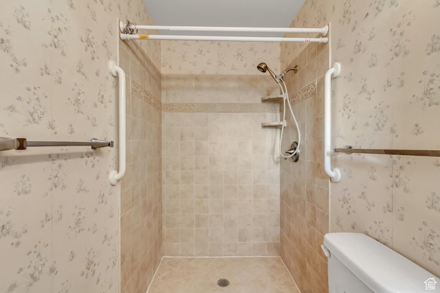 6796 S Nye Dr, Cottonwood Heights, UT 84121 - bathroom with toilet, wallpapered walls, and a shower stall