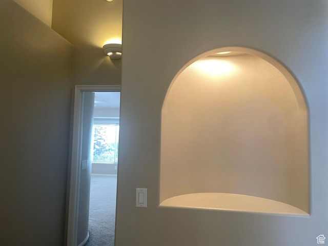 room details with arched walkways and carpet flooring