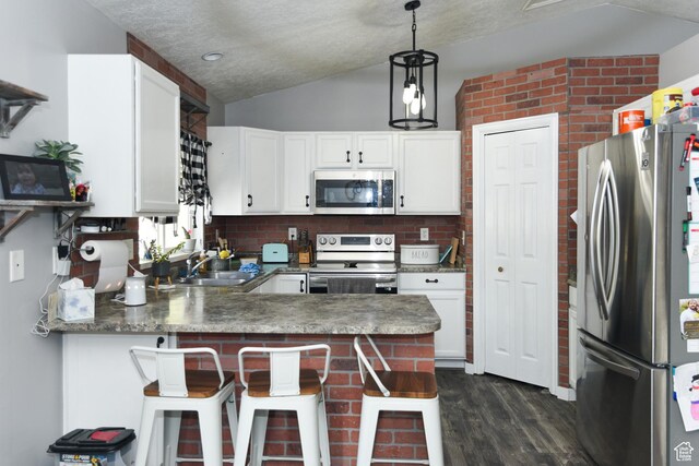 26 Orchard Ln S, Grantsville, UT 84029 - kitchen with a peninsula, dark wood-type flooring, a sink, vaulted ceiling, and stainless steel appliances