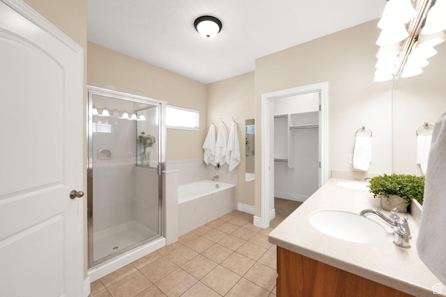 6872 S Triumph Ln, West Jordan, UT 84088 - bathroom with a shower stall, a bath, double vanity, and tile patterned flooring