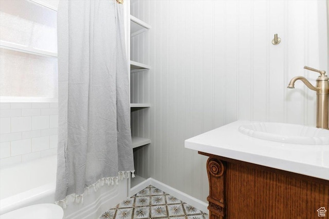 full bathroom with vanity and shower / bath combo