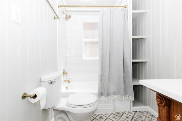 full bath featuring toilet and shower / tub combo with curtain