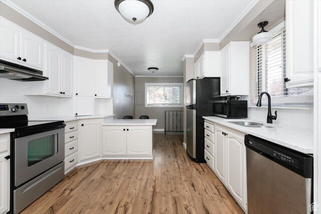 kitchen featuring white cabinetry, under cabinet range hood, a sink, light wood finished floors, and stainless steel appliances