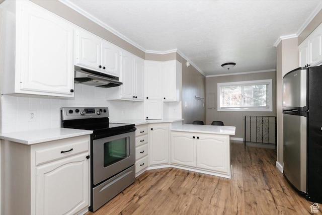 kitchen with white cabinets, light wood finished floors, stainless steel appliances, a peninsula, and under cabinet range hood