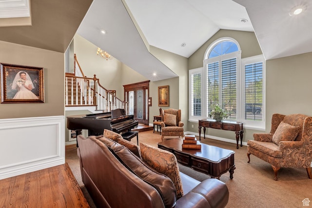 773 Northridge Ct, Farmington, UT 84025 - carpeted living room featuring stairway, recessed lighting, wainscoting, and vaulted ceiling