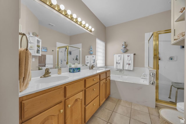 full bath with a shower stall, double vanity, tile patterned flooring, and a garden tub