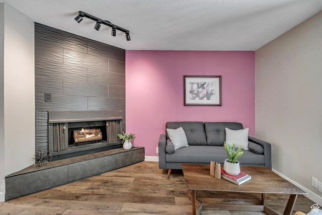 2270 E 4500 S Unit 2A, Holladay, UT 84117 - living area featuring rail lighting, wood finished floors, baseboards, and a large fireplace