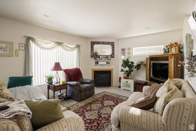 103 E 1150 S, Roosevelt, UT 84066 - carpeted living area with a fireplace with flush hearth