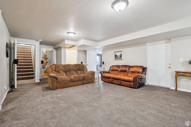 875 W Oak Ln, Francis, UT 84036 - living room with baseboards, stairway, a textured ceiling, and carpet